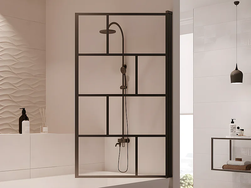 Divisória pivotante para banheira estilo industrial - 90 x 140 cm - Preto mate - Vidro - RIVANON
