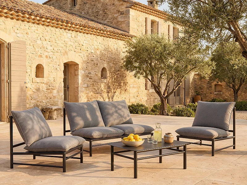 Conjunto de jardim em alumínio: um sofá de 2 lugares, 2 poltronas e uma mesa de centro - Antracite - LISMO da MYLIA