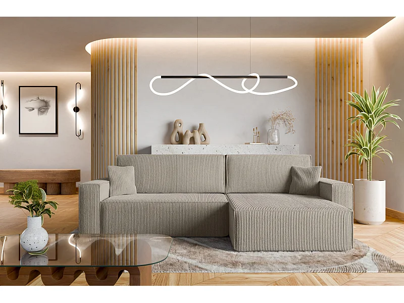 Sofá de canto reversível e convertível com função cama Karl XL, com baú universal, em veludo cotelê bege, do fabricante VINOTTI