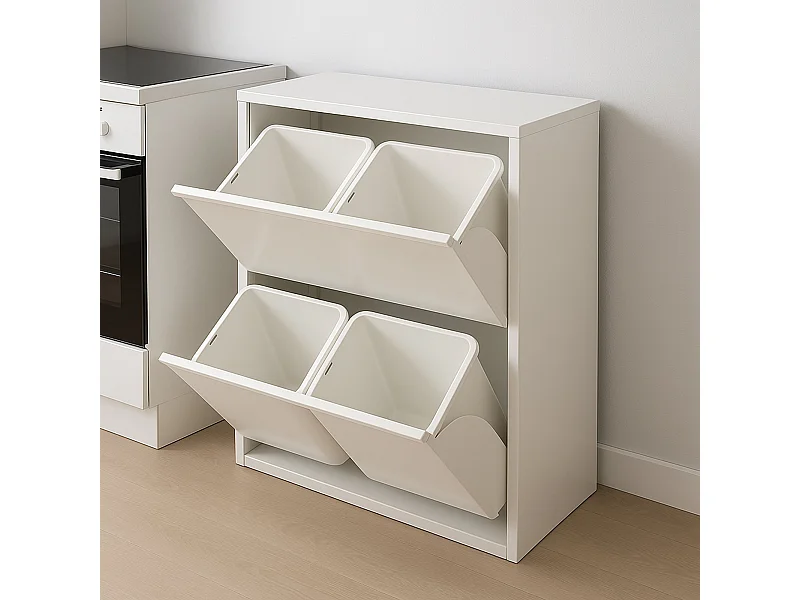Caixote do lixo Anukhatun, capacidade 72 (18 por balde), 60x25x93h cm branco, contentor de resíduos, fixação na parede opcional, 4 cestos